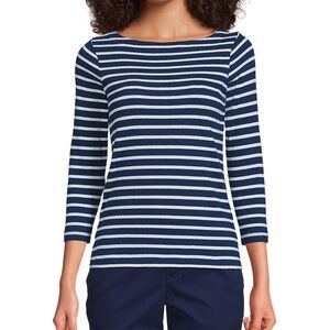 Lands' End 3/4 sleeve Mariner jersey boatneck top-deep sea/ivory Breton stripe